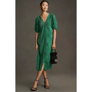 Anthropologie Emerald Green Textured Puff-Sleeve Midi Dress